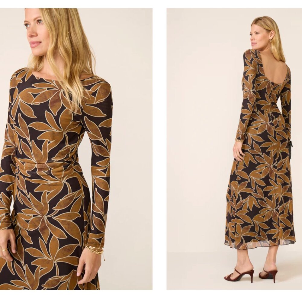 Z Supply Brown Leaf Print Long Sleeve Midi Dress